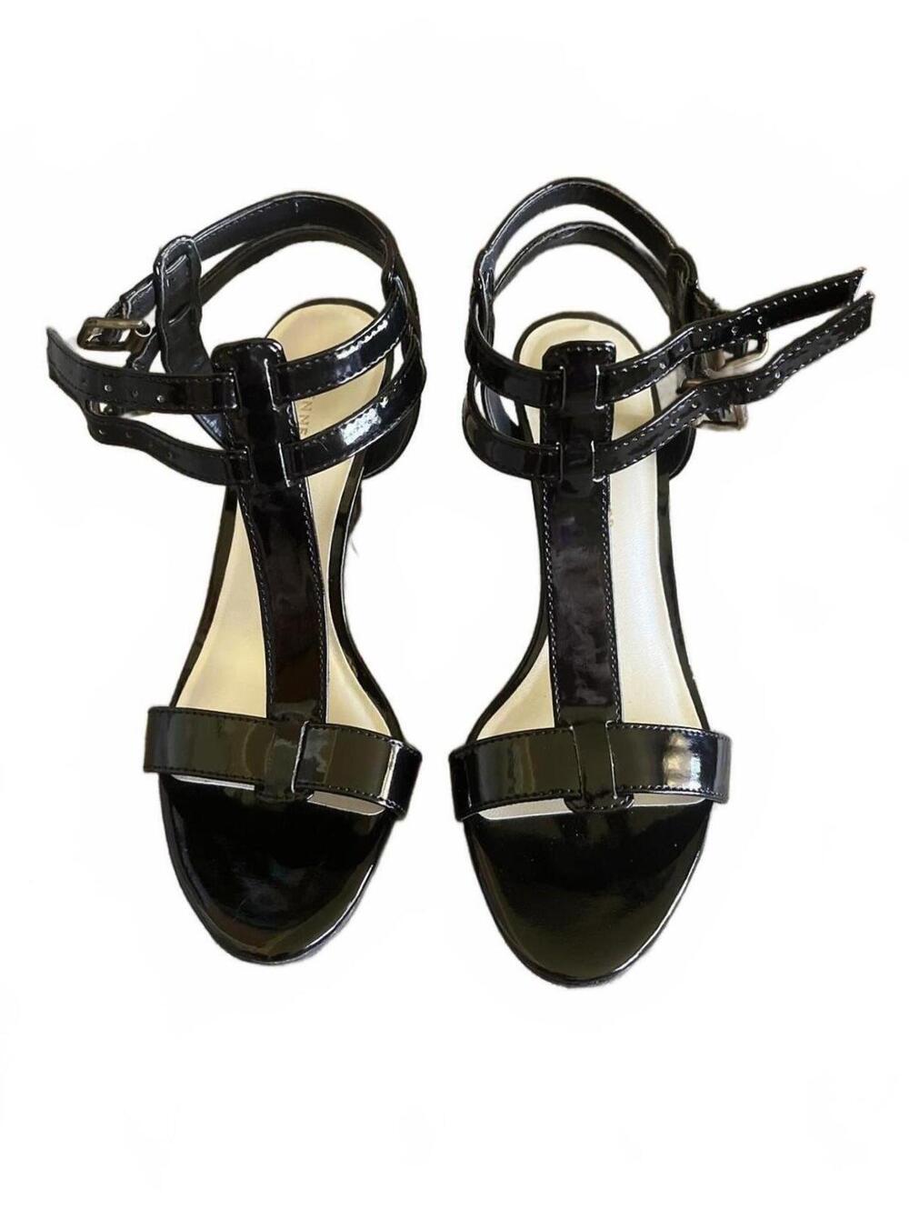 Etienne Aigner Black Patent Leather T-Strap Leopard Print Wedge Sandals